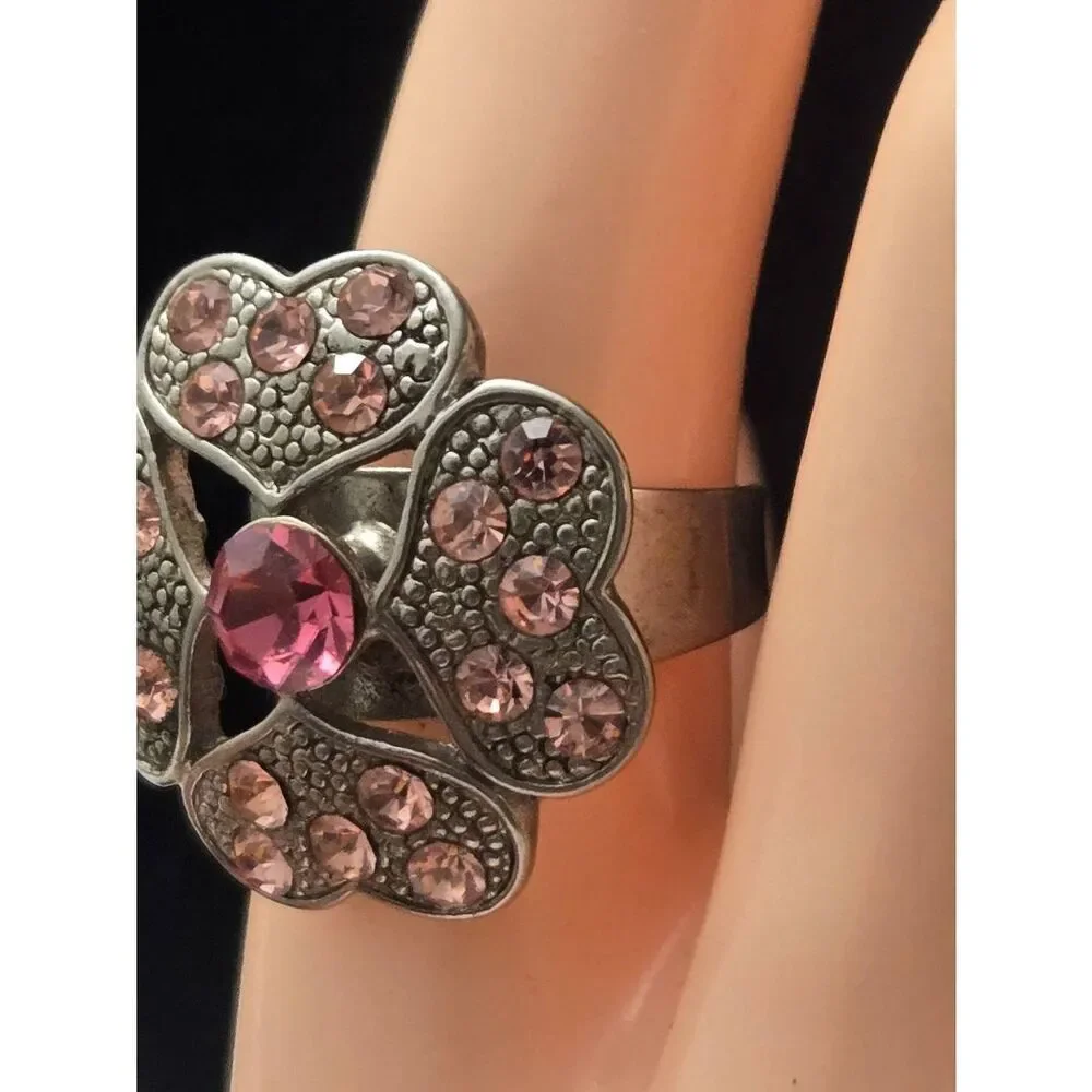 Women's Vintage Pink Rhinestone Heart Flower Silver Tone Adjustable Ring